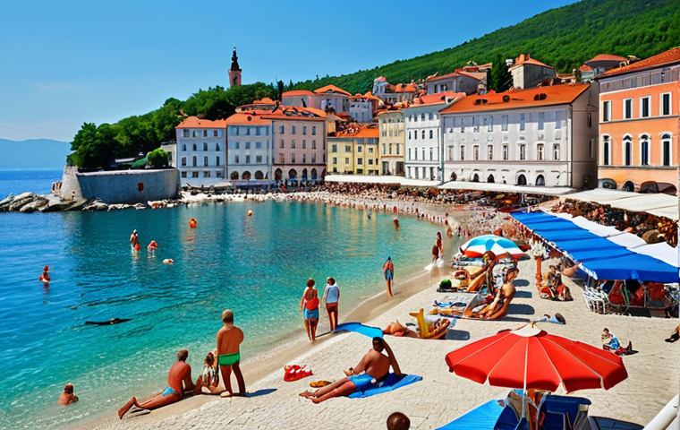 **A picturesque Slovenian coastal town like Piran during summer, with sunny weather. Capture the vibrant colors of the buildings, the clear blue Adriatic Sea, and people enjoying the beach. Include details like colorful umbrellas, sunbathers with sunscreen, and light, summery clothing. The overall feeling should be one of warmth and relaxation.**