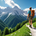 **A scenic view of the Julian Alps in Slovenia, depicting a hiker on a well-maintained trail with lush green vegetation in the foreground and towering, snow-capped mountains in the distance. The style should evoke a sense of adventure and tranquility, reminiscent of a travel influencer's Instagram post.**