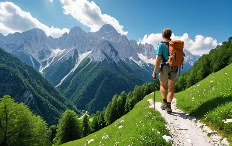 **A scenic view of the Julian Alps in Slovenia, depicting a hiker on a well-maintained trail with lush green vegetation in the foreground and towering, snow-capped mountains in the distance. The style should evoke a sense of adventure and tranquility, reminiscent of a travel influencer's Instagram post.**